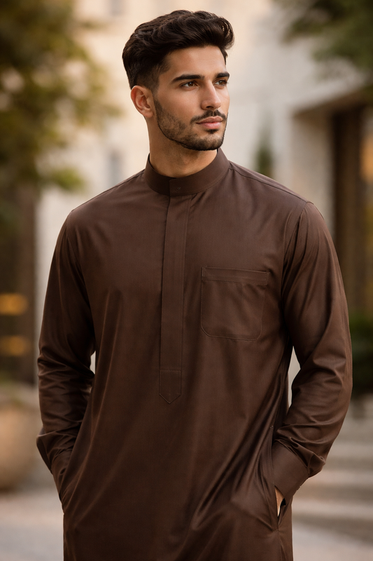 Qamis brun homme manches longues – Coupe droite – Confort toute saison