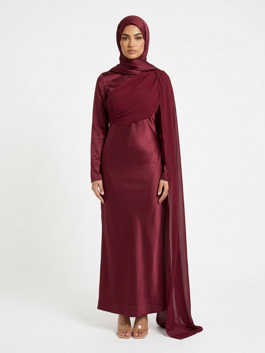 Burgundy Abaya Satinée Casual – Élégance Légère et Confort Quotidien